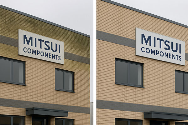 External building cleaning montage in Pontarddulais: cladding soft-wash, roof and gutter clean, car-park jet wash