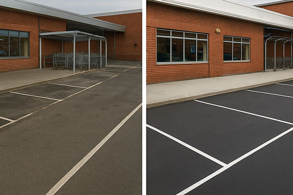 Before and after car park cleaning in Goodmayes showing oil and gum removal