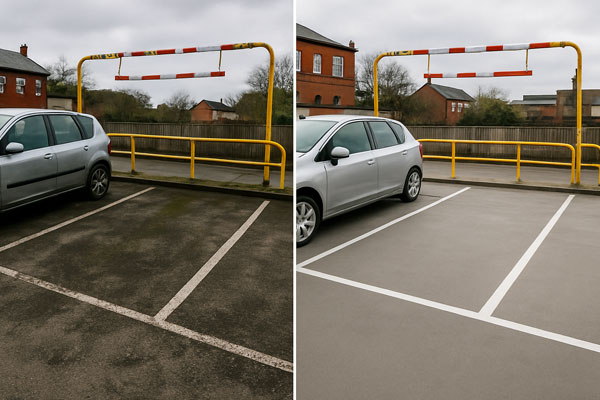 Night shift car park cleaning in Goodmayes with barriers, signage and hot-water washing