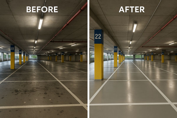 Night shift steam or jet washing in a loading bay with barriers and MEWP in Manor Park