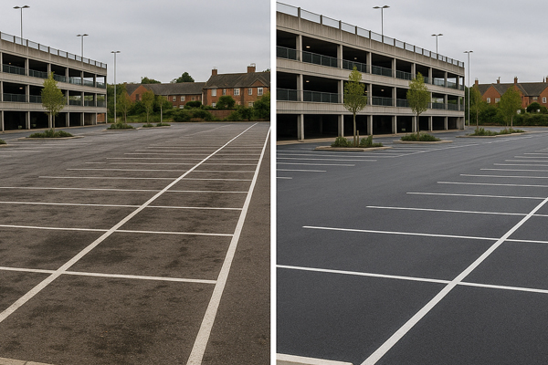 Out-of-hours car park cleaning in Rutland with signage and barriers