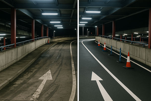 Before and after car park cleaning in Haywards Heath with oil and gum removed
