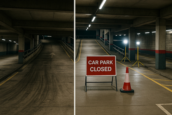 Before and after car park cleaning in Wanstead showing gum and oil removal