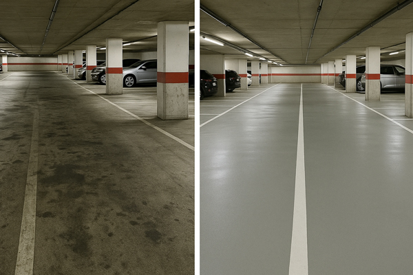 Night shift car park cleaning in Wanstead with cordons, signage and hot wash