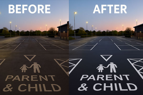 Before and after car park cleaning in Wembley showing stain and gum removal