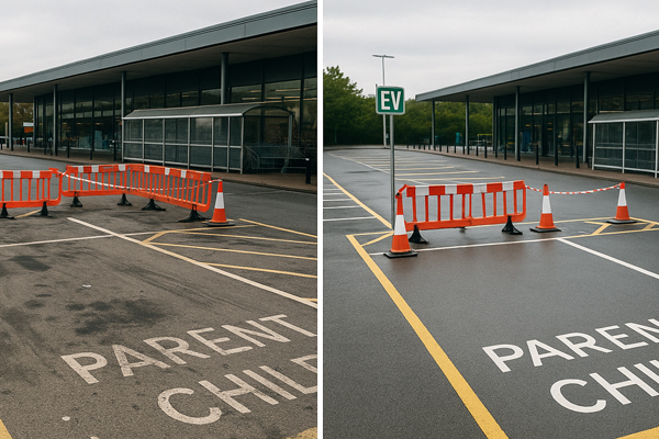 Car park cleaning in Wanstead using hot water jet washing with traffic management in place
