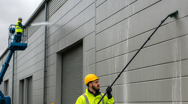 Technicians cleaning metal cladding on a commercial unit in North Cheam