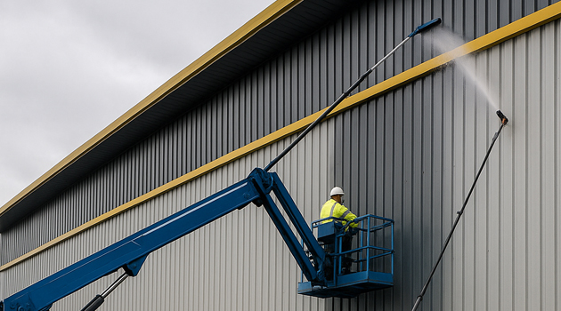 MEWP access and water-fed poles used for high-level cladding cleaning in North Cheam