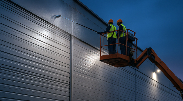 Technicians carrying out non-abrasive cladding cleaning at a commercial unit in Worcester Park