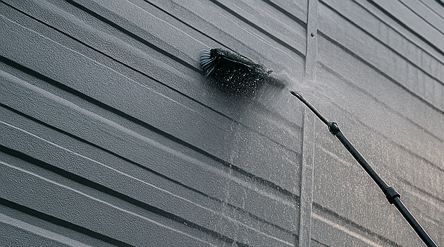 Before and after: uniform finish restored on metal cladding following soft-wash and rinse in Worcester Park