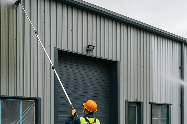 Technicians cleaning metal cladding on a commercial unit in Cumbernauld