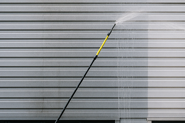 Technicians cleaning metal cladding on a commercial unit in Clevedon