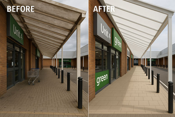 Before and after external cladding cleaning example in Pontarddulais