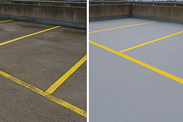 Before and after car park cleaning in Ebbw Vale showing oil and gum removal