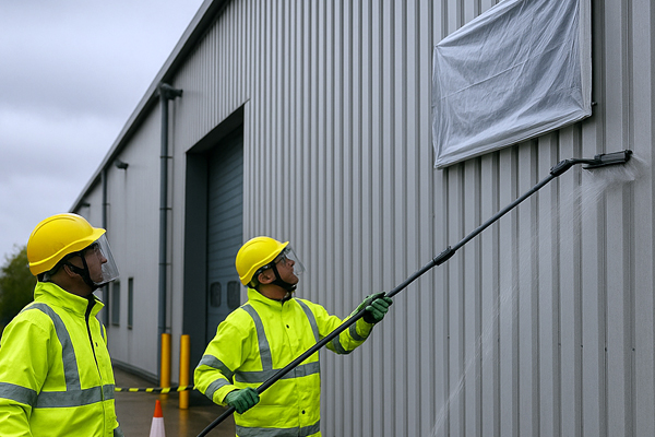 Cladding cleaning team using soft-wash and low-pressure rinse on metal panels in Newbury Park