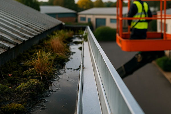 Before and after gutter cleaning in Billingham showing vegetation and silt removal