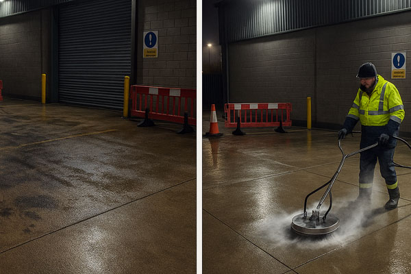 Rotary surface cleaner lifting oil and tyre marks in a car park in Goodmayes