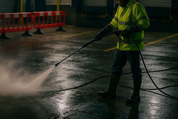 Night shift steam and jet washing in a loading bay with barriers and MEWP in Newbury Park