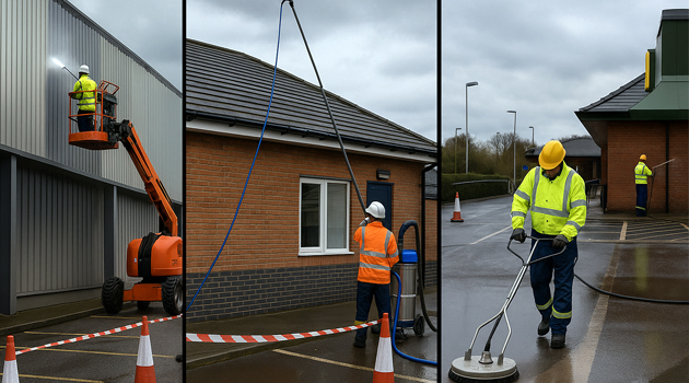 Montage: cladding soft-wash, roof & gutter cleaning, car-park pressure wash in North Cheam
