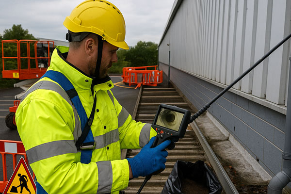 Engineer in Billingham performing downpipe unblocking and camera verification