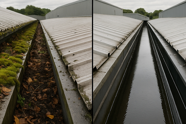 Before and after gutter cleaning in Redcar showing clear outlets and clean gutters