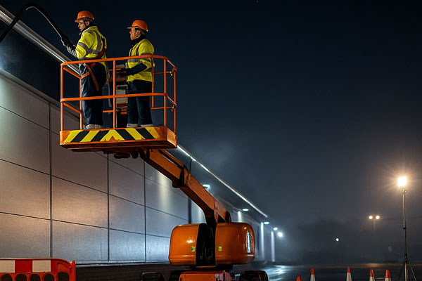 Night shift gutter cleaning in Billingham with MEWP and barriers