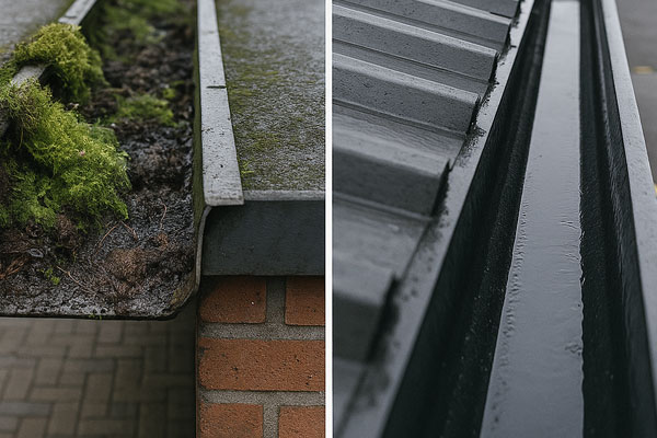 Before and after industrial gutter cleaning in Rutland showing silt and vegetation removal