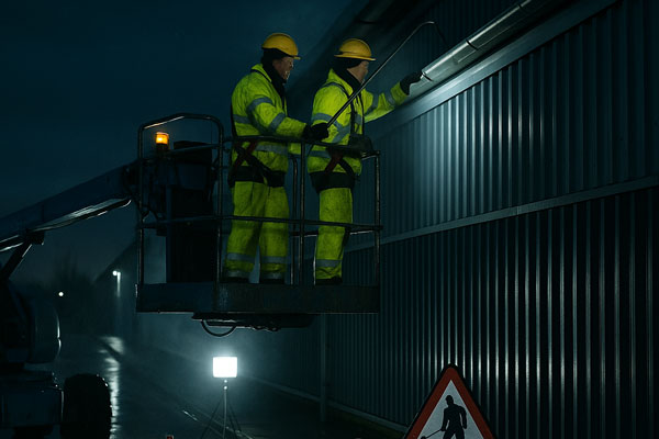 Night shift industrial gutter cleaning in Rutland with MEWP and barriers at a retail park
