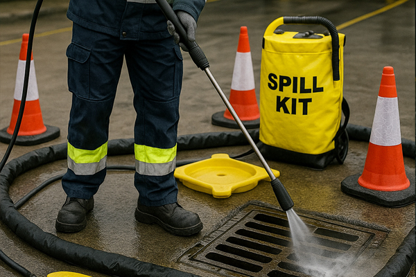 Rotary surface cleaner reducing oil stains in a car park in Newbury Park