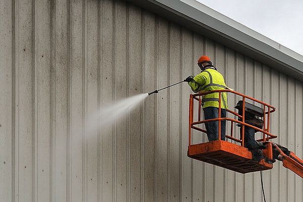 Commercial pressure washing in Blaenau Ffestiniog using MEWP access on a warehouse façade