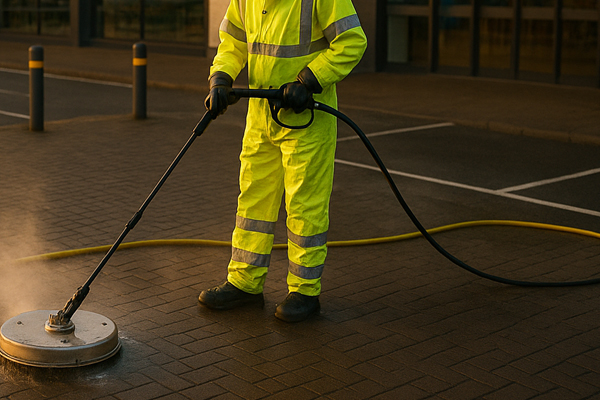 Pressure washing in a service yard in Newbury Park