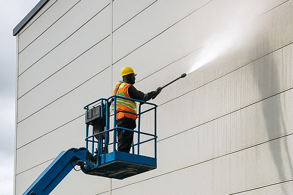 Commercial pressure washing in Newbury Park using MEWP access on a warehouse facade