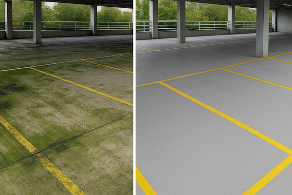 Night shift car park cleaning in Ebbw Vale with barriers, signage and hot-water washing