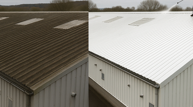 Before and after roof cleaning showing moss and algae removal on a profiled steel roof in Newbury Park