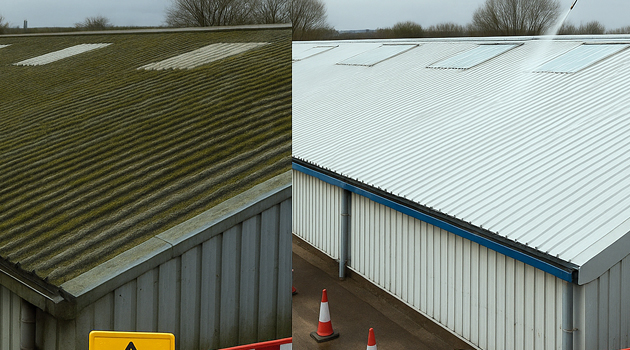 Night shift roof cleaning with MEWP access, barriers and signage in Newbury Park