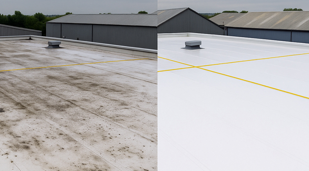 Close-up of roof cleaning detail around fixings and skylight edges in Newbury Park