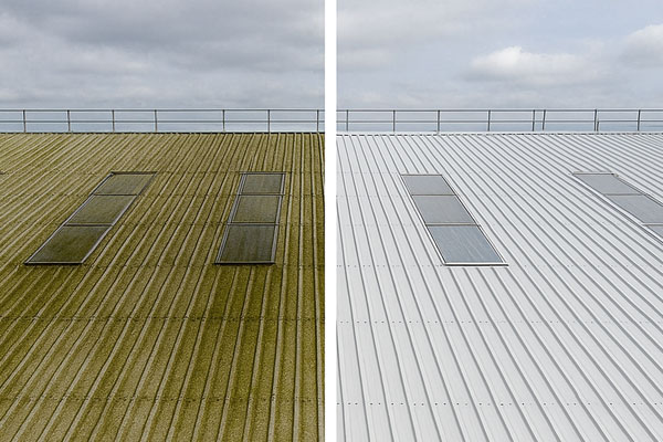 Before and after commercial roof cleaning on profiled steel in Melton Mowbray