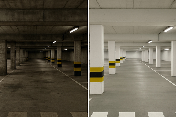 Clean car park deck in Goodmayes after degreasing and hot-wash