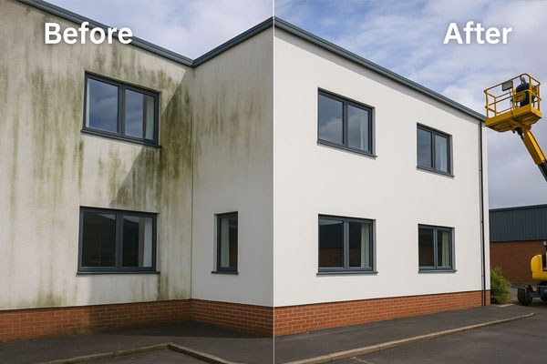 Building cleaning montage in Melton Mowbray showing façade wash, roof and gutter care, and car park jet wash